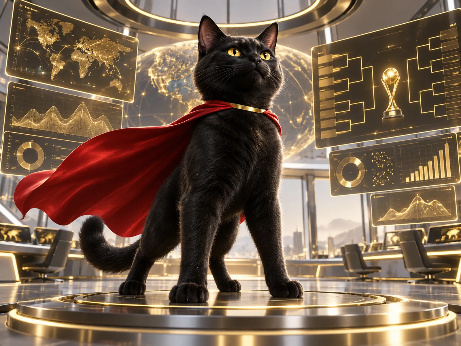 Concept IA : la mascotte Gamius, un chat noir à cape rouge, devant les écrans d’un centre de pilotage